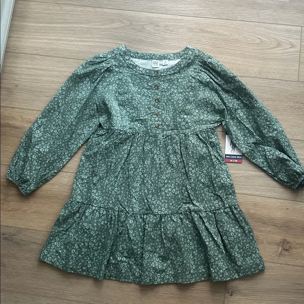 GAP Kids Green floral corduroy tiered Patterned Dress 7/8